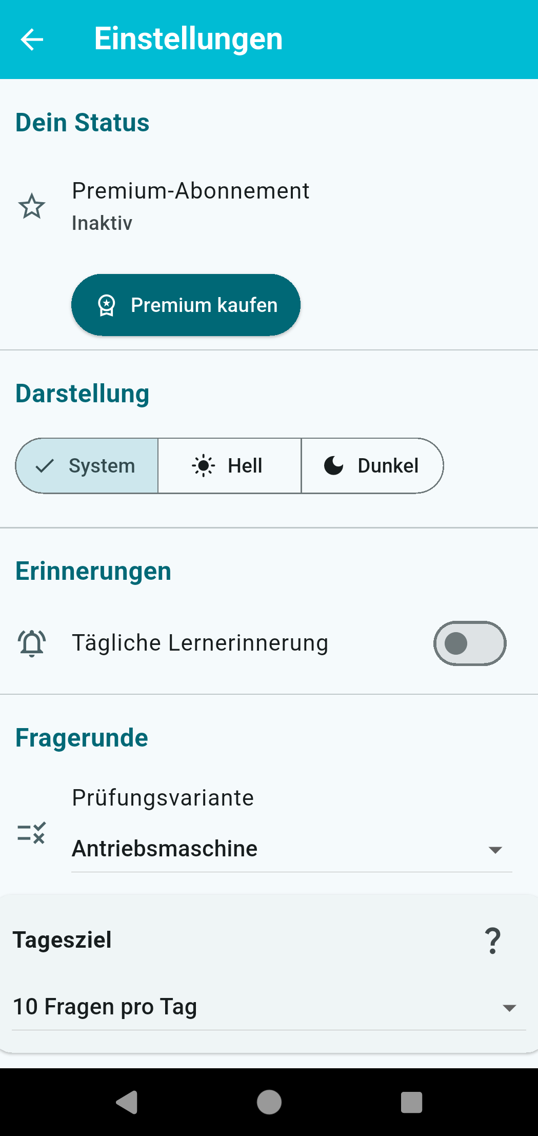 Der Startbildschirm mit den acht wählbaren Scheinarten.