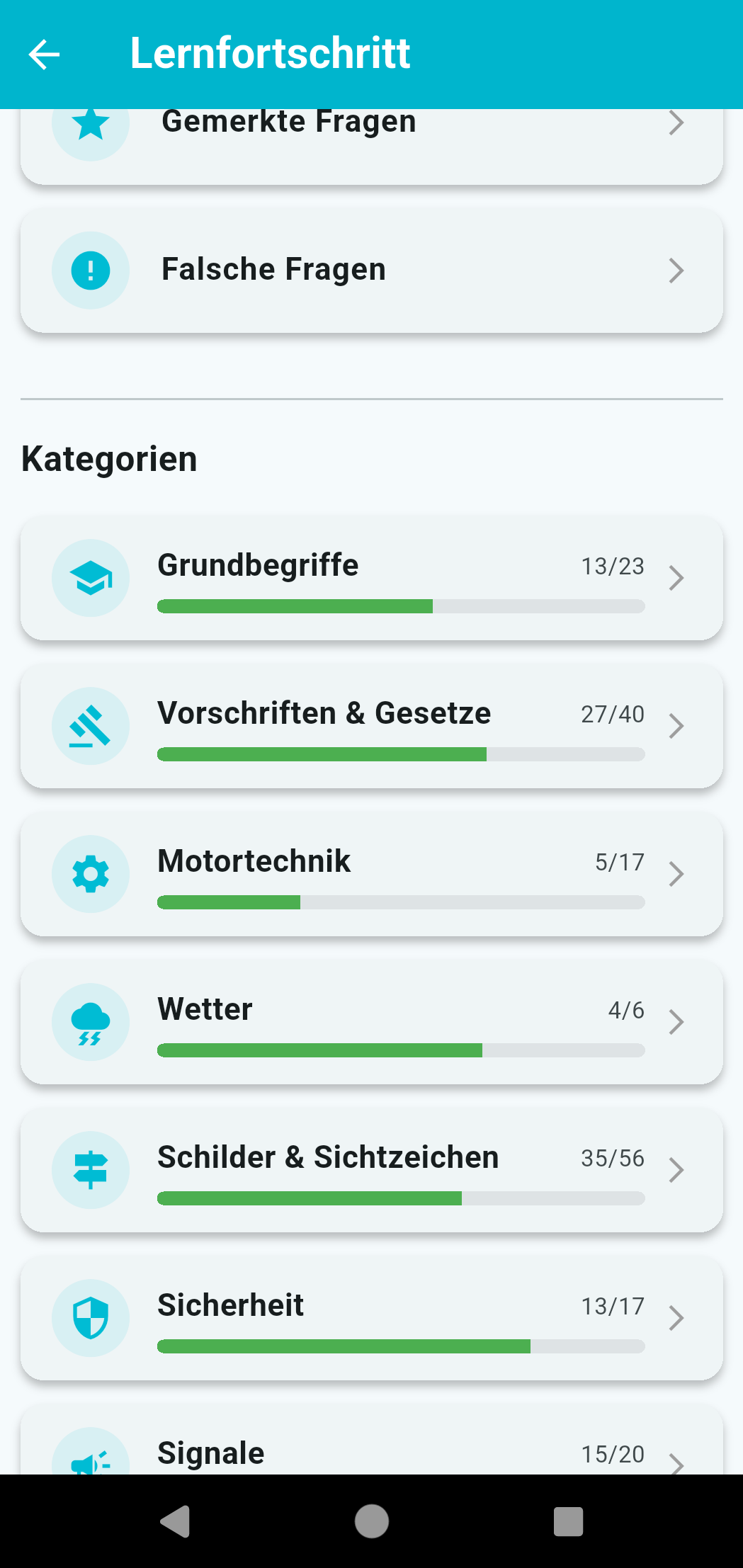 Auswahl nach gemerkten Fragen, Fehlern und Kategorien in der Binnen-App.
