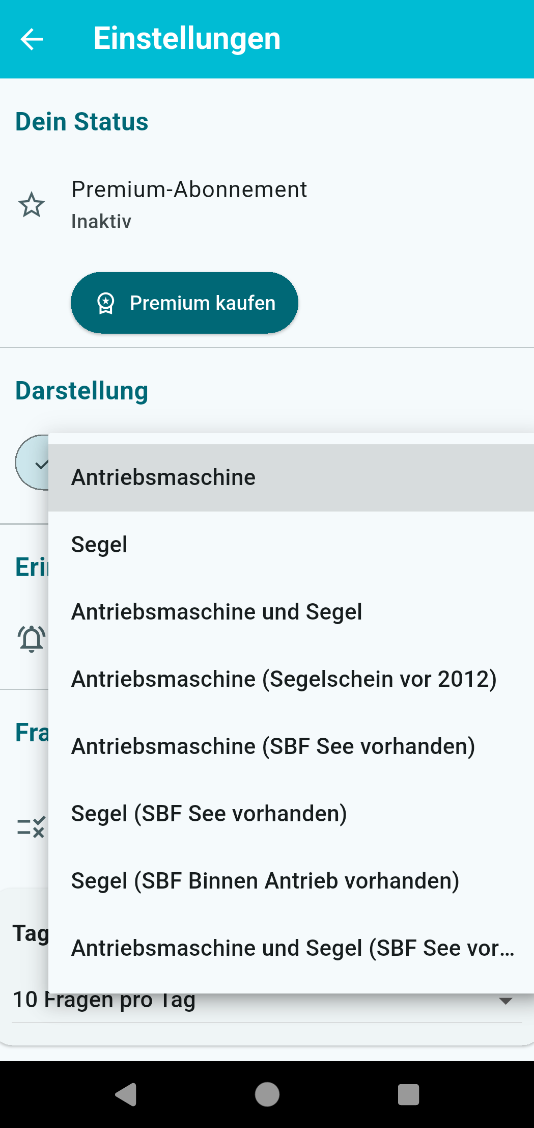 Der Dialog zur Auswahl der Prüfungsvariante mit acht Möglichkeiten.