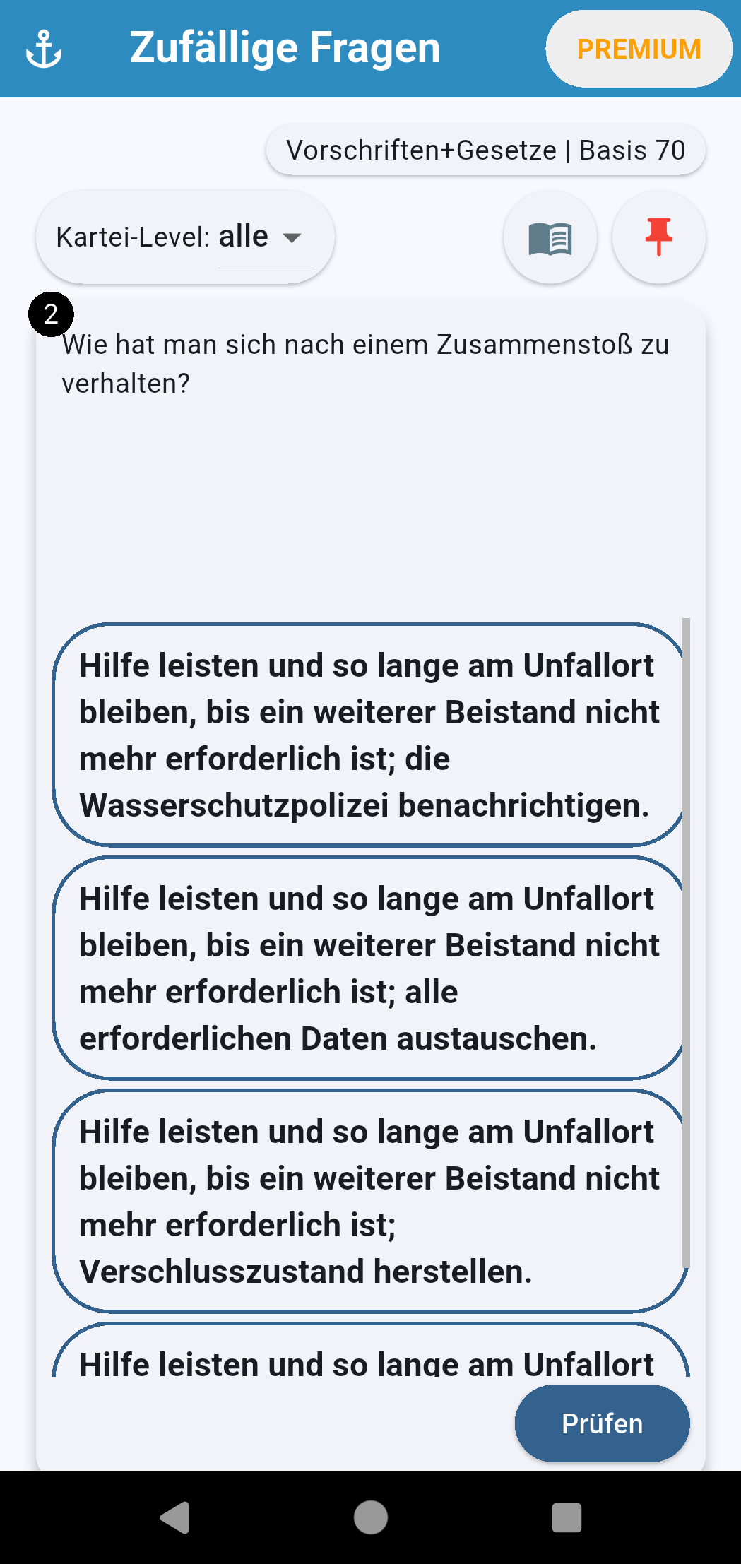 Eine Frage im Übungsmodus mit den vier Antwortmöglichkeiten.