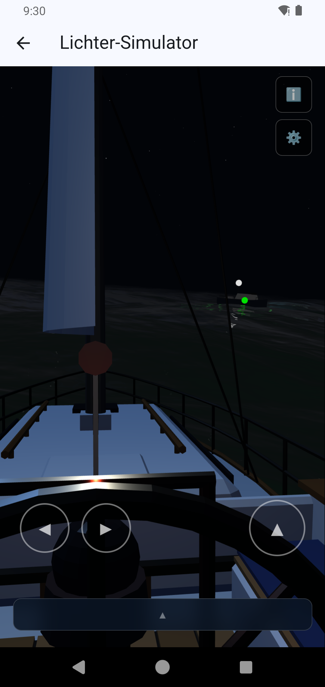 Der 3D-Simulator mit einem See-Szenario bei Nacht.