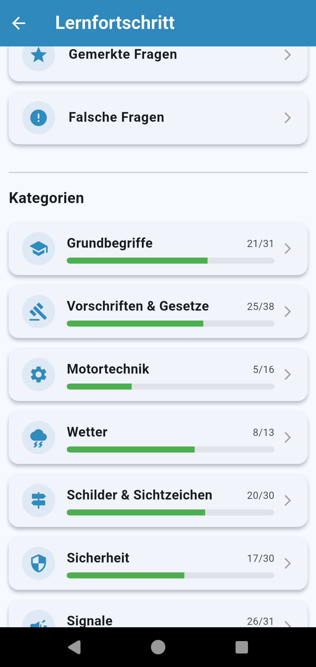 Die Auswahl nach Kategorien, gemerkten und falschen Fragen.
