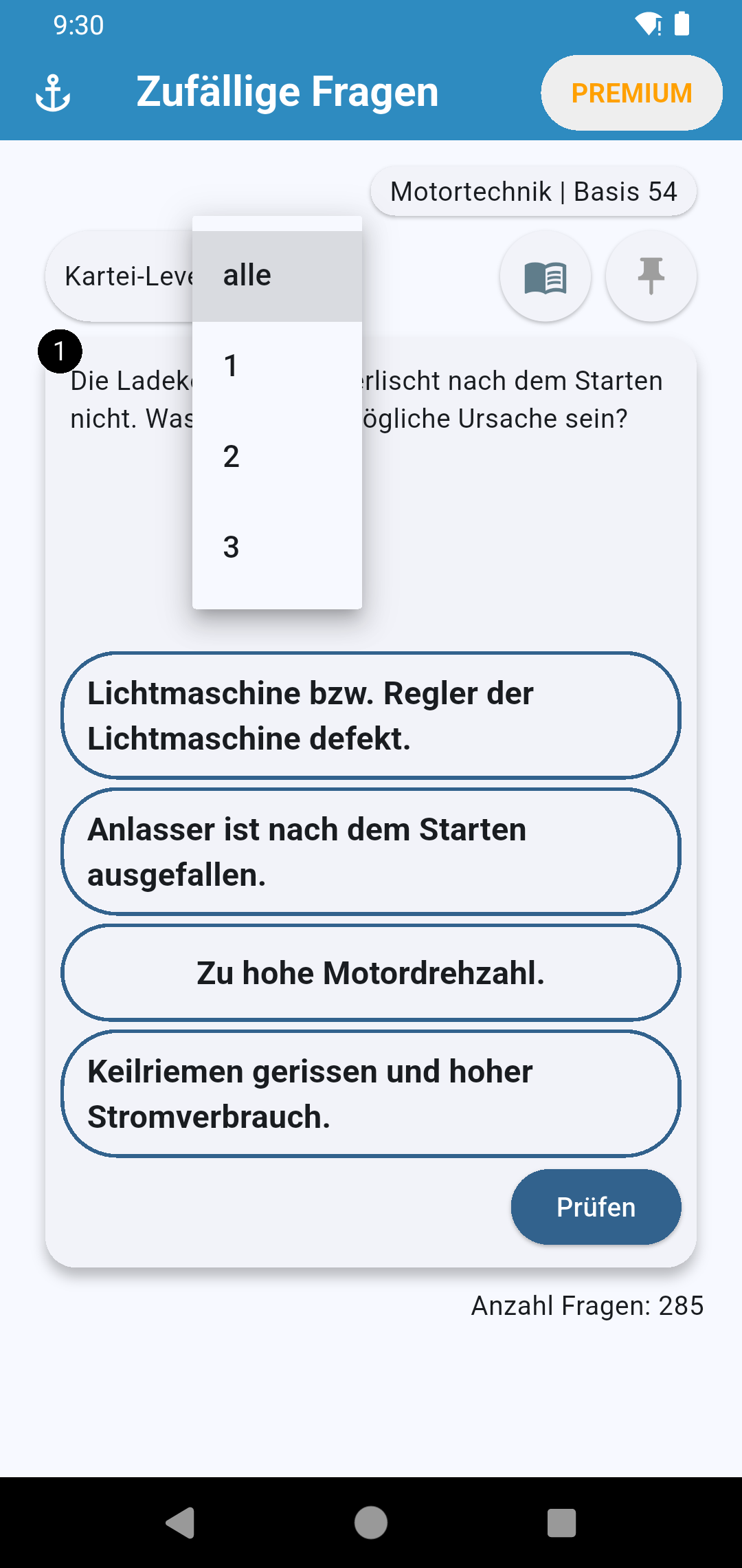 Eine Frage in der App mit der Anzeige, in welcher Karteikarten-Box sie liegt.