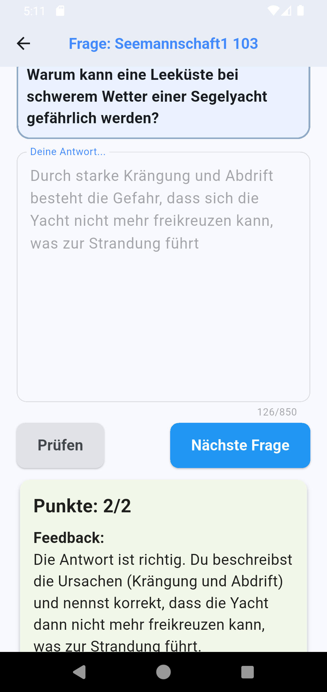 Die Rückmeldung: Punkte, Feedback, Musterantwort.