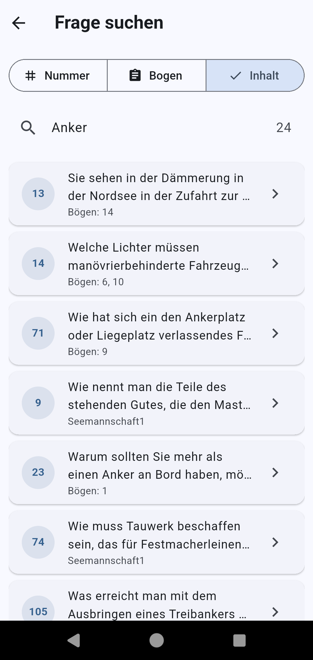 Die Suche mit einem Treffer im Fragenkatalog.