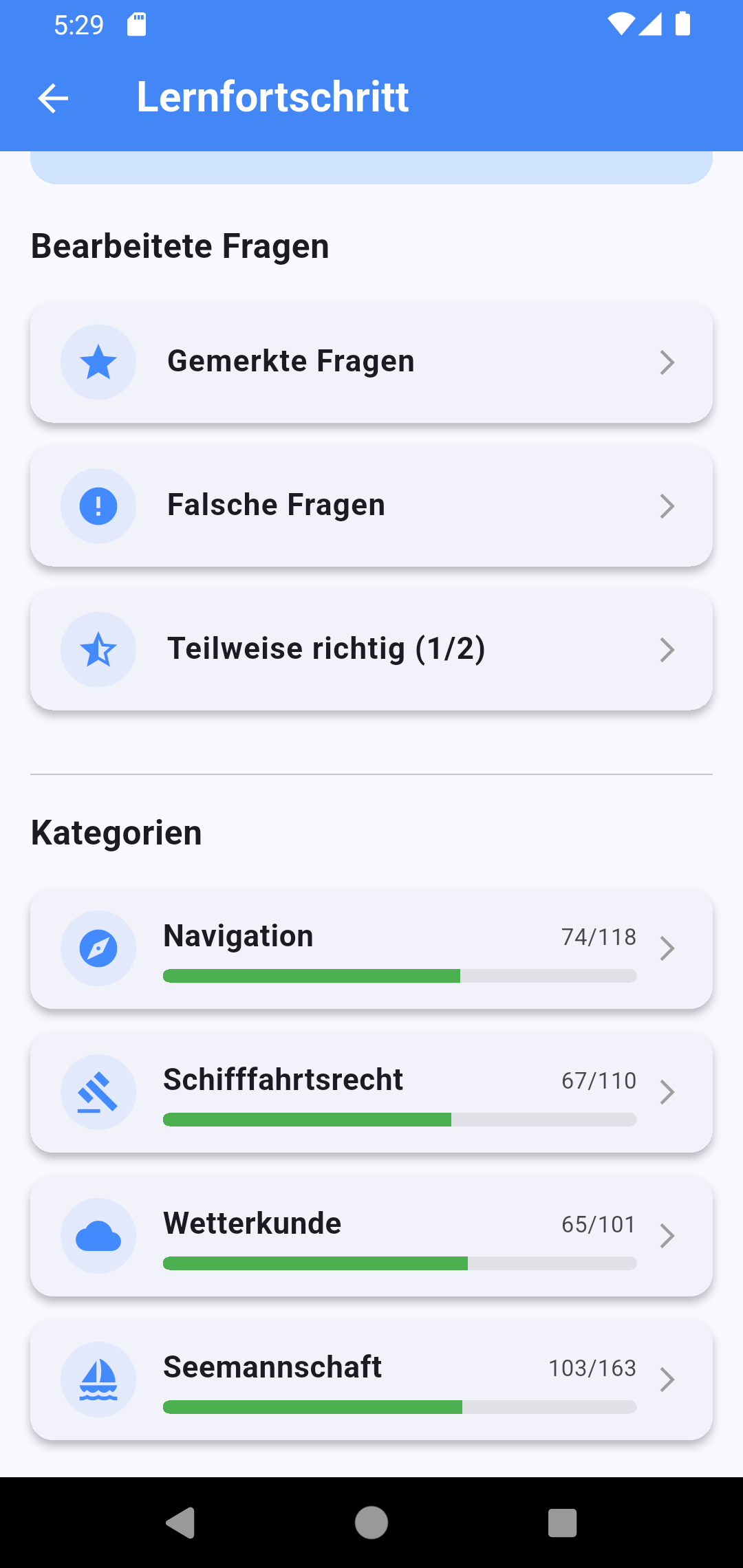 Auswahl nach gemerkten Fragen, Fehlern und Kategorien in der SKS-App.