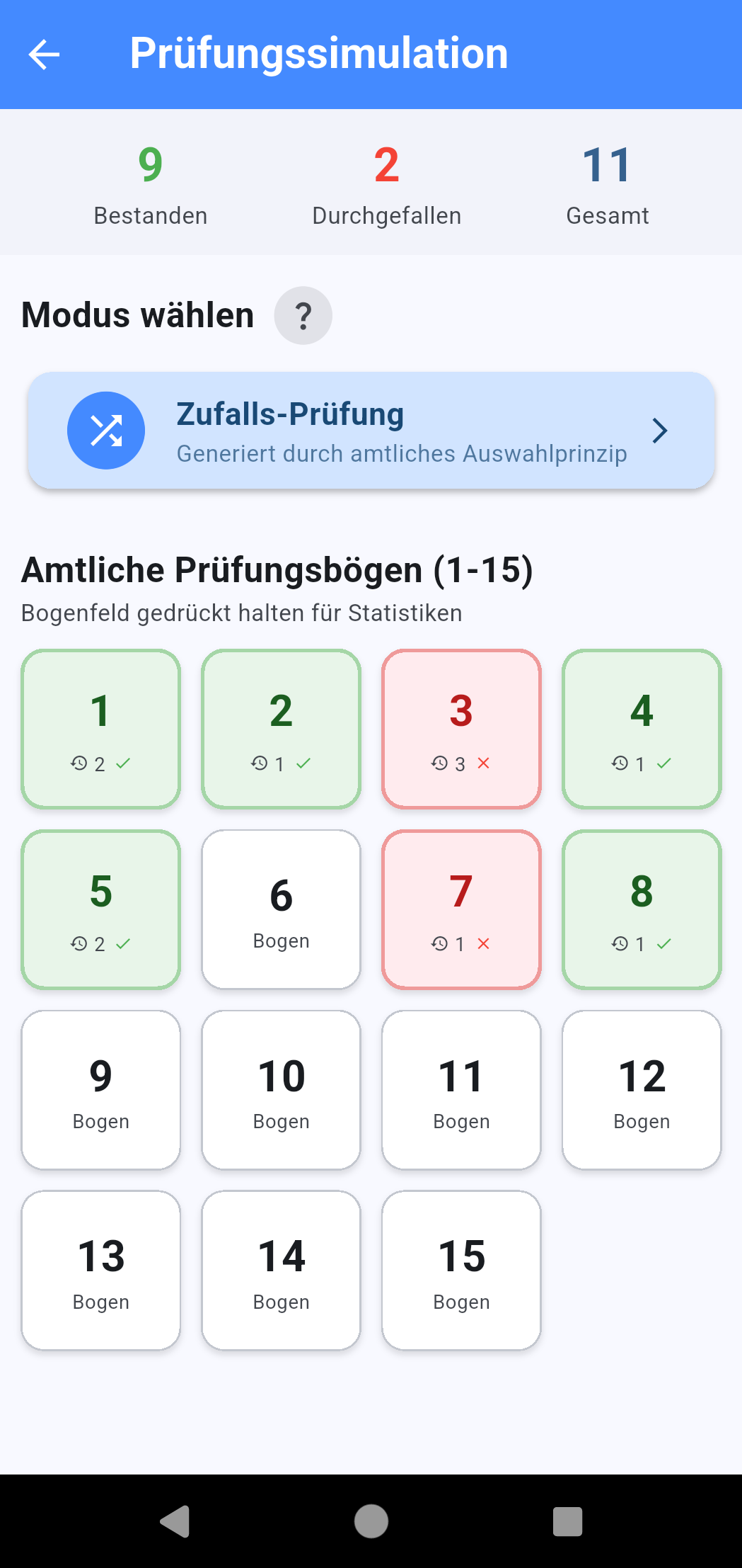 Übersicht der 15 amtlichen SKS-Prüfungsbögen in der App.